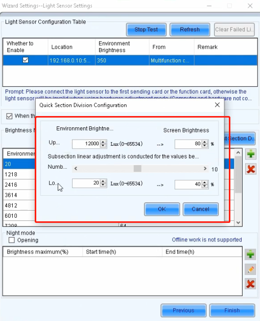 LED screen brightness section setting